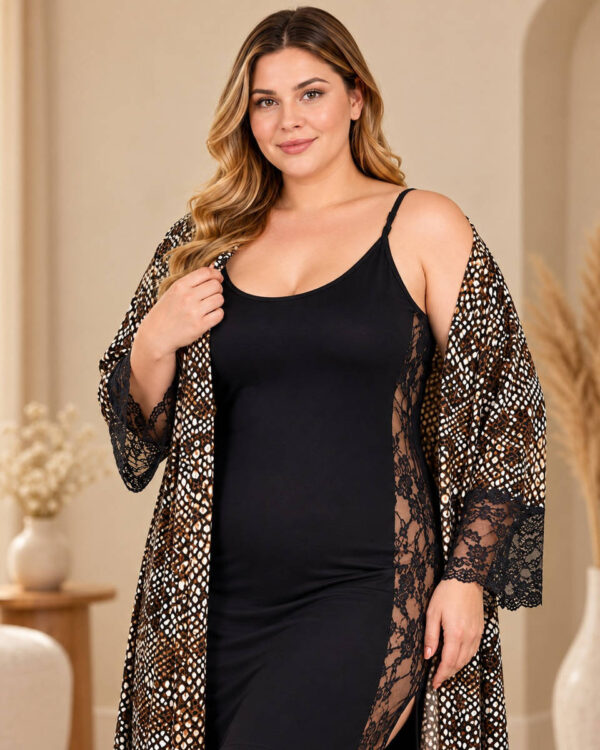 Комплект нічна сорочка з халатом великого розміру Lady 19236, віскоза, чорний з принтом, Туреччина
