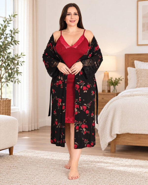 Комплект ночная рубашка с халатом большого размера Lady 4XL 60-62, вискоза, бордовый с цветами, Турция 19226
