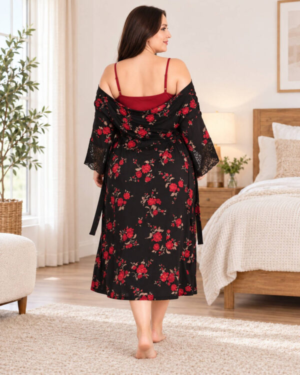 Комплект нічна сорочка з халатом великого розміру Lady 4XL 60-62, віскоза, бордовий з квітами, Туреччина 19226