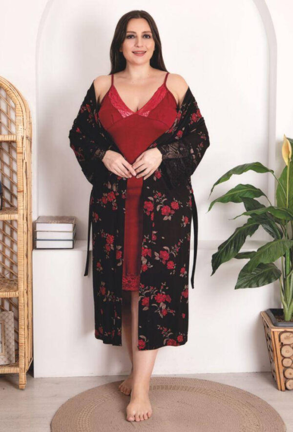 Комплект нічна сорочка з халатом великого розміру Lady 4XL 60-62, віскоза, бордовий з квітами, Туреччина 19226
