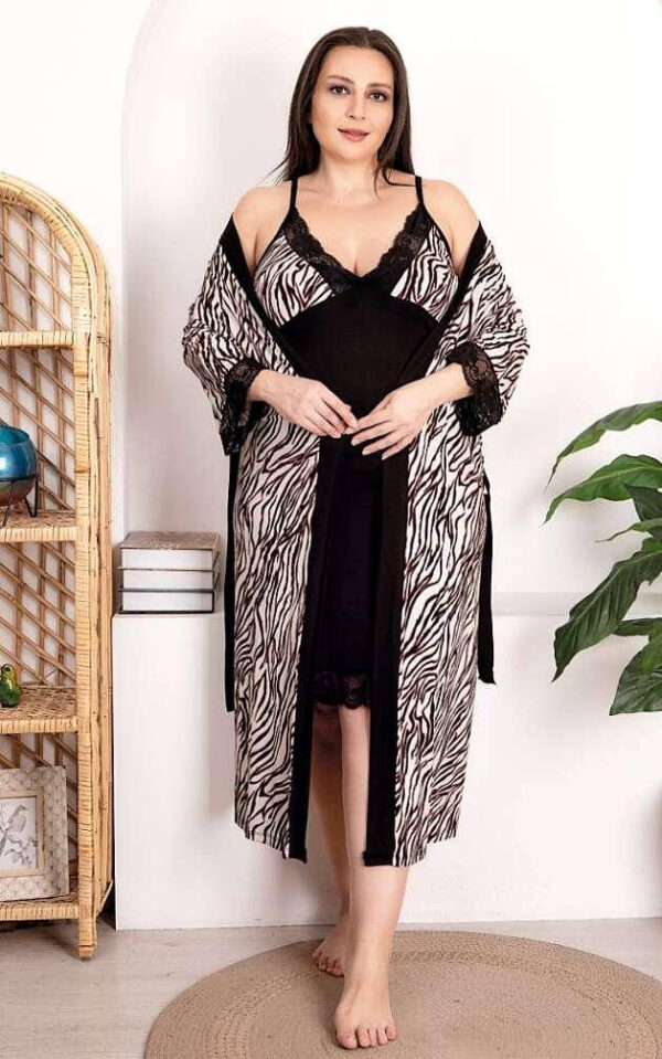 Комплект нічна сорочка з халатом Lady 4XL, віскоза, зебра, мереживо, Туреччина, 60–62