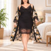 Комплект нічна сорочка з халатом Lady 4XL 19222, віскоза, чорний з квітами, мереживо, Туреччина, 60–62